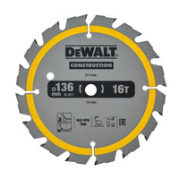 DeWALT Cirkelzaagblad voor Hout | Construction | Ø 136mm Asgat 10mm 16T - DT1946-QZ - 5035048095638 - DT1946-QZ - Mastertools.nl