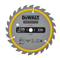 DeWALT Cirkelzaagblad voor Hout | Construction | Ø 136mm Asgat 10mm 24T - DT1947-QZ - 5035048095645 - DT1947-QZ - Mastertools.nl