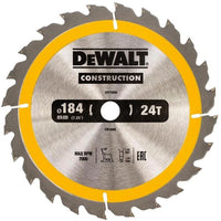 DeWALT Cirkelzaagblad voor Hout | Construction | Ø 184mm Asgat 16mm 24T - DT1939-QZ - 5035048095560 - DT1939-QZ - Mastertools.nl