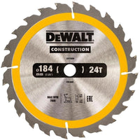 DeWALT Cirkelzaagblad voor Hout | Construction | Ø 184mm Asgat 16mm 24T - DT1939-QZ - 5035048095560 - DT1939-QZ - Mastertools.nl